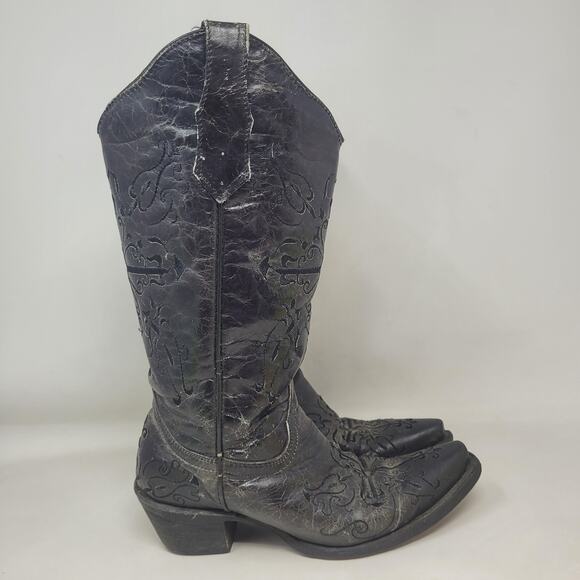 Circle G Boots Women 7.5W Black Embroidered Cross Western Snip Toe Cowgirl Rodeo - Picture 2 of 14